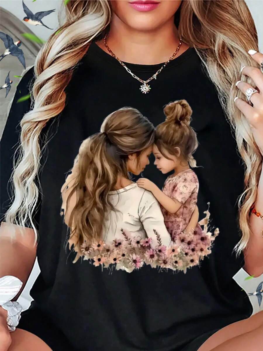 Camiseta deportiva de ocio elegante para mujer con estampado de dibujos animados y caracteres numéricos de moda, con énfasis en el diseño de estampado