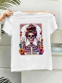 Cooles Mama-T-Shirt With Skelett- Und Blumenmuster, 100 % Baumwolle, Kunstdruck, Street-Hip-Hop-Stil, Atmungsaktiv - 白色 - 查看 2