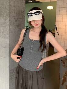 女士性感纽扣吊带背心，无袖修身露背简约休闲上衣，夏季 - 灰色 - 查看 4