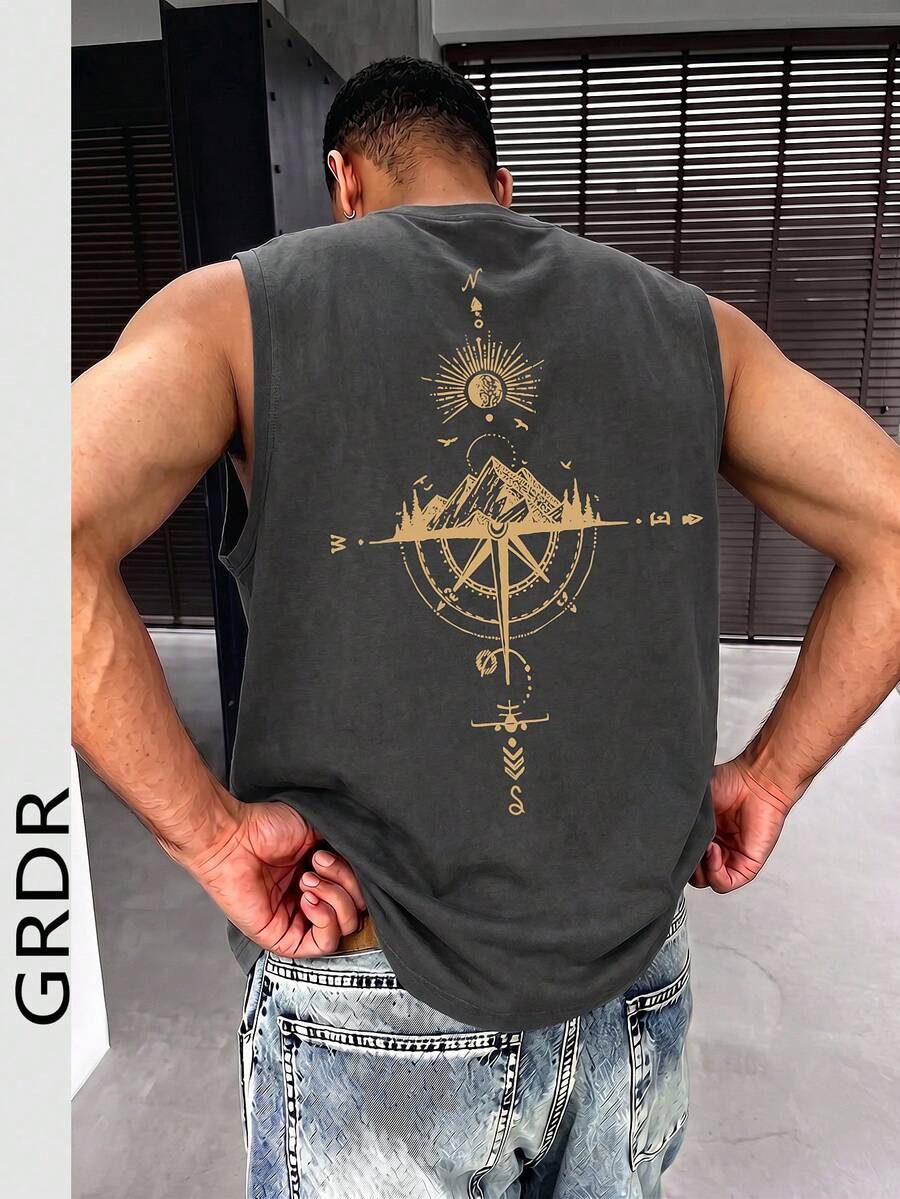 GRDR 男士夏季指南针和山峰印花休闲无袖背心 - 深灰色 - 查看 1