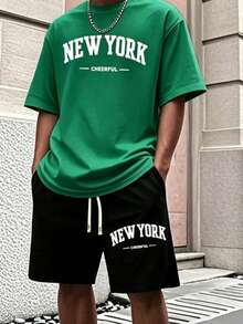Men'S New York Casual Short Sleeve Black With White Lettering Casual Style| Comfortable Fit, PLUS SIZE  Men's Casual Outfit, Cotton Sportswear Set - 綠色 - 查看 11