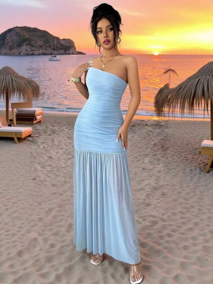 Vestido de verano nuevo para vacaciones en la playa de las mujeres, vestido ajustado de malla de tirantes finos de color azul claro - amarillo ganso - Añade 7