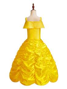 8pcs Girls Yellow Sleeveless Ruffled Full Skirt Dress, Crown, Magic Wand, Necklace, Bracelet, Gloves Costume Set, Children Role Play Outfit For Party, Birthday, Christmas, Carnival - Yellow - View 8
