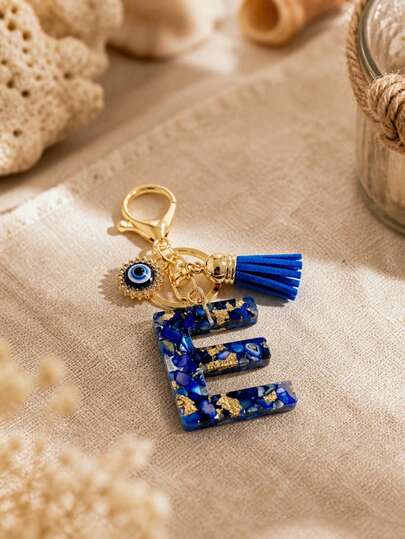1pc Blue Gold Foil Letter M Keychain With Evil Eye Pendant And Tassel, Suitable For Backpacks And School Bags, Back To School Good Luck Gift For Her