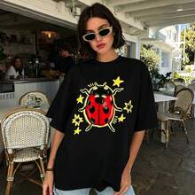 100% Cotton Unisex Tee, Star & Ladybug Print, Vintage Style, Premium Fabric, Summer Graphic Top, Ideal For Daily Wear & Holiday Gifts - Black 2 - 查看 1
