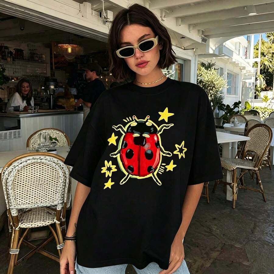 100% Cotton Unisex Tee, Star & Ladybug Print, Vintage Style, Premium Fabric, Summer Graphic Top, Ideal For Daily Wear & Holiday Gifts - Black 2 - 查看 1