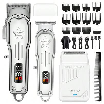  HIENA 高端銀色 3 合 1 理髮套裝，無線 LED 理髮器、精準修剪器與刮鬍刀組合，USB 快充，附完整配件，適合專業沙龍使用與居家理髮，時尚實用的男士禮物