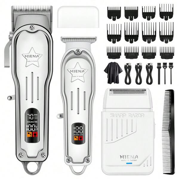 HIENA Premium Silver 3-In-1 Hair Clipper Set, Wireless LED Hair Clipper, Precision Trimmer And Shaver Combo, USB Fast Charging, With Complete Accessories, Suitable For Professional Salon Use And Home Haircutting, Fashionable And Practical Men's Gift