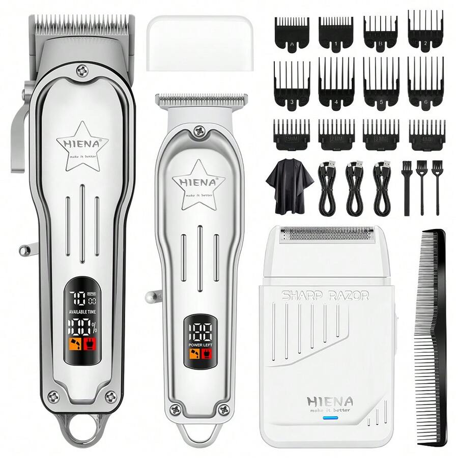 HIENA Premium Silver 3-in-1 Hair Clipper Set, Alat Cukur Rambut LED Nirkabel, Kombinasi Pemangkas dan Pencukur Presisi, Pengisian Cepat USB, Dengan Aksesoris Lengkap, Cocok Untuk Penggunaan Salon Profesional Dan Potong Rambut di Rumah, Hadiah Pria yang Modis dan Praktis - View 1