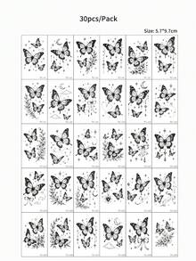 30pcs Butterfly Temporary Tattoos For Women, Flower, Moon, Stars, Heart Tattoo Stickers Waterproof Fake Tattoo For Hand Body Makeup, Disposable Hand Tattoo - 黑色 - 查看 9