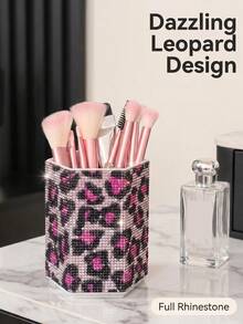 1pc Rhinestone Leopard Print Hexagonal Makeup Brush Holder, Large Capacity, Surface Embedded With Colorful Rhinestones, Luxurious Sparkling Style, Full Rhinestone Pattern, Hexagonal Column Shape, Neat Edge Details, Makeup Tool Container, Suitable For Bedroom Vanity, Makeup Room Desktop And Other Scenes - Multicolor - View 8