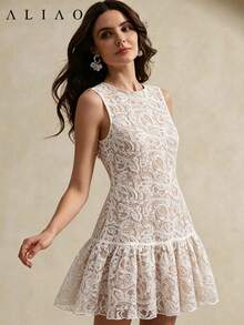 ALIAO Spring/Summer Embroidered Mesh Patchwork Sheer Dress, Vintage Court Style, Suitable For Parties, Weddings And Vacations Elegant - Apricot - View 2
