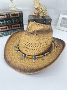 1pc Bohemian Mixed Color Beaded Hollow Panama Straw Hat, Casual Protective Decorative Sun Hat, Fashionable Versatile, Suitable For Outdoor Activities, Fashion Women's Hat, Women's Country Hat, Women's Hat, Suitable For All Seasons, Holiday Gift, Mother's Day Gift For Mom, Valentine's Day, Suitable For Vacation, Photography, Gift For Women - Multicolor - View 10