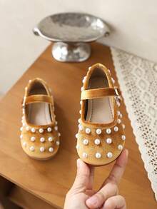 Sepatu Flat Serbaguna Modis dengan Sol Lembut Bermotif Mutiara untuk Bayi Perempuan, Model Putri Kecil - Emas - View 4
