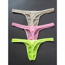 3-Pack, Men's Mesh Transparent Sexy Thong - Pink + Green + Apricot - View 4
