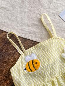 2pcs/Set Young Girl' Cute Minimalist 3D Flower & Bee Decor Camisole And Denim Shorts Set, Summer - Yellow - View 4