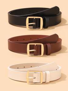 1pc/3pcs Gold Square Buckle PU Belt - Black - View 5