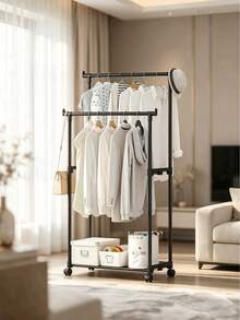 1pc Modern Adjustable Double Rack | Space-Saving Clothes & Shoe Organizer | Portable Floor Standing For Bedroom/Balcony - Black and White - View 1