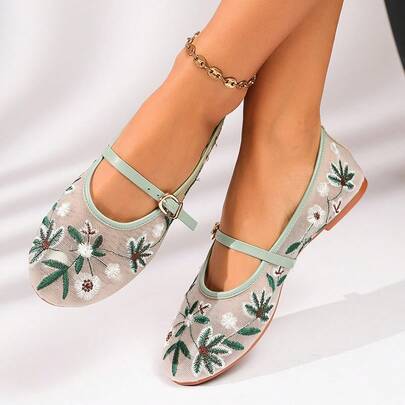 Women's Floral Print Fairy Buckle Mary Jane Shoes, Suitable For Outdoor Spring And Summer, Perfect For Skirts, Shorts, Everyday Commuting, And Versatile Shoes.