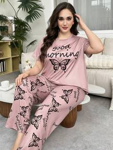 Plus Size Casual Comfortable Butterfly Print Short Sleeve Long Pants Women's Loungewear 2 Pieces Pajama Set - Pink - View 1
