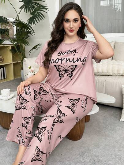 Plus Size Casual Comfortable Butterfly Print Short Sleeve Long Pants Women's Loungewear 2 Pieces Pajama Set
