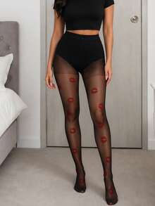 Women Sheer Black Pantyhose With Red Lip Print, High Stretch Thin Tights, Fashion Patterned Legwear For Party, Date & Daily Outfits - Multicolor - View 3