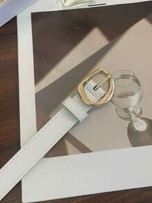 1 pezzo Cintura in pelle nera stile minimalista versatile per donna, adatta per jeans, pantaloni casual, abiti, cintura decorativa alla moda per la vita, fibbia in oro premium, cintura asimmetrica in oro per donna - Beige - Visualizzare 11