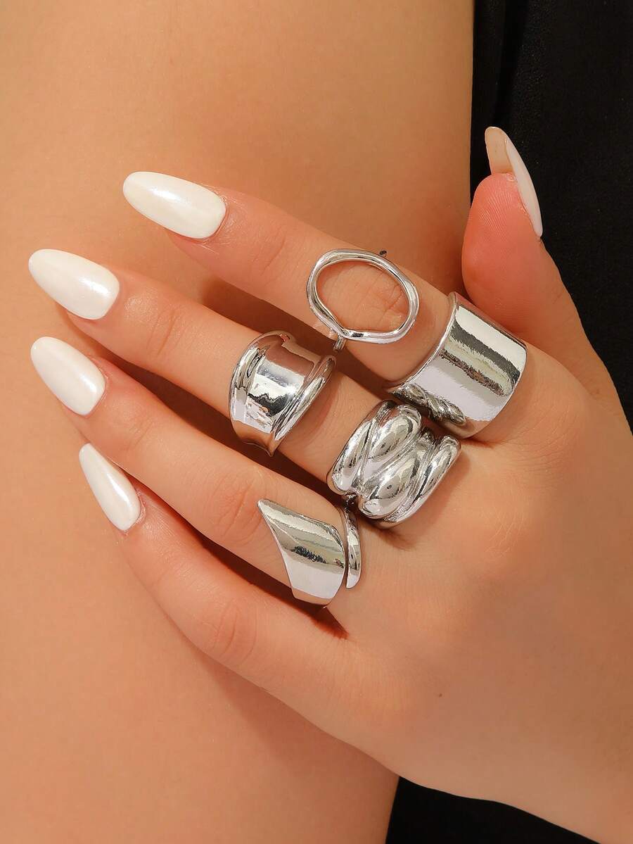 5pcs Set Smooth Wrinkled Asymmetrical Jewelry Set, Women's Fashion Jewelry, Suitable For Daily And Party Wear - Silver - View 1