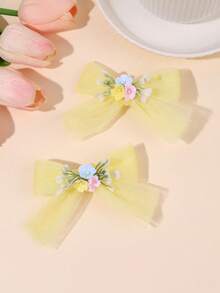 2pcs Floral Tulle Hair Bows For Girls,Flowers Hair Clips,Casual Hair Barrettes For Teens Holiday Beach Essentials Party Gifts Hair Accessories - Multicolor - View 6