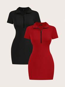 BASICS 2 piezas Vestido mini de punto con cuello polo y media cremallera de unicolor para mujer Vestidos de verano para mujer - Rojo - Ver 1