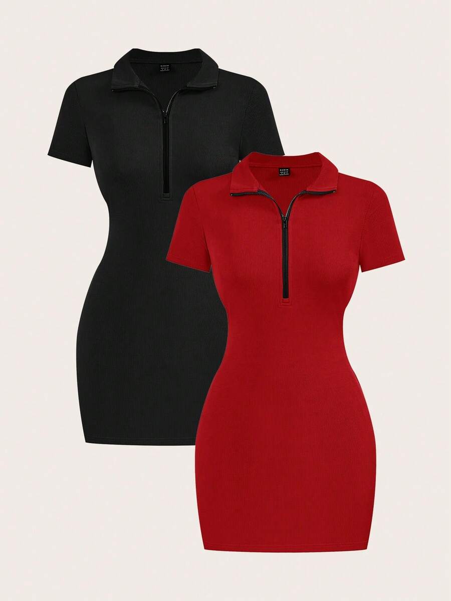 BASICS 2 piezas Vestido mini de punto con cuello polo y media cremallera de unicolor para mujer Vestidos de verano para mujer - Rojo - Ver 1
