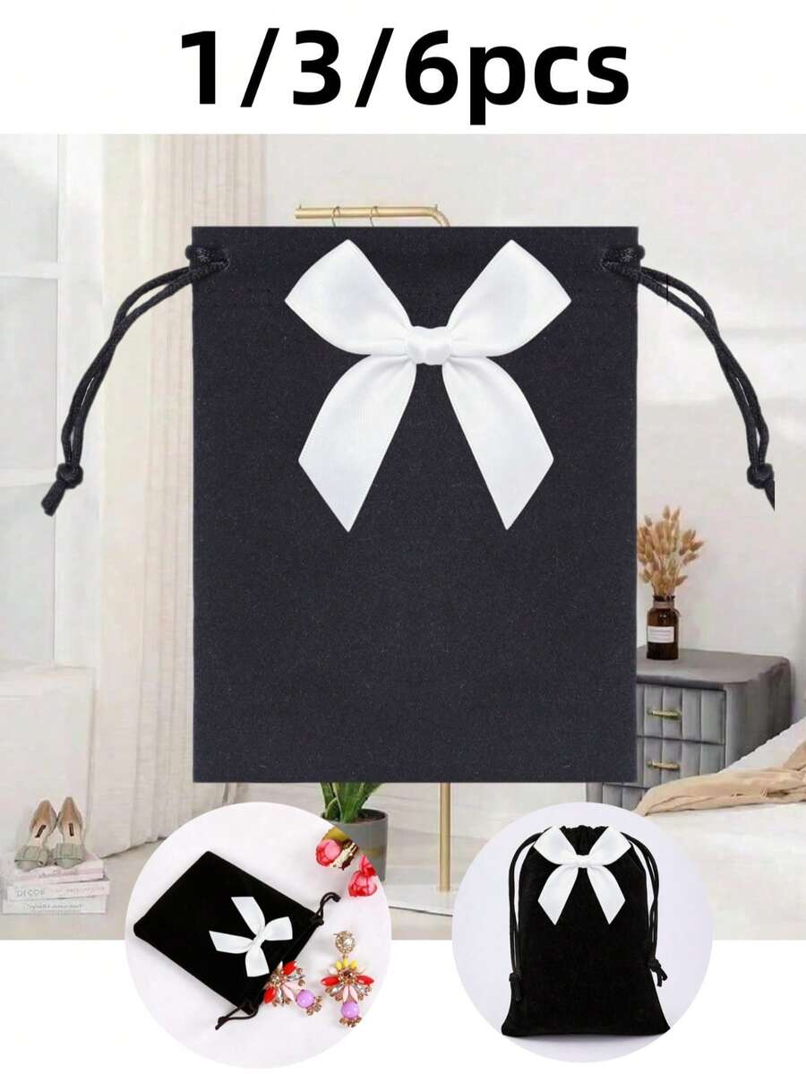 1/3/6 Piece Wedding Party DIY Material Packaging Box Velvet Bag, Suitable For Small Jewelry, Prayer Beads, Antiques And Jewels, High-End Velvet Bag For Storing Decorations - Black - View 1