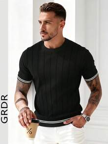 GRDR Men's Summer Ribbed Crew Neck Lightweight Knit Short Sleeve Sweater - Black - View 2