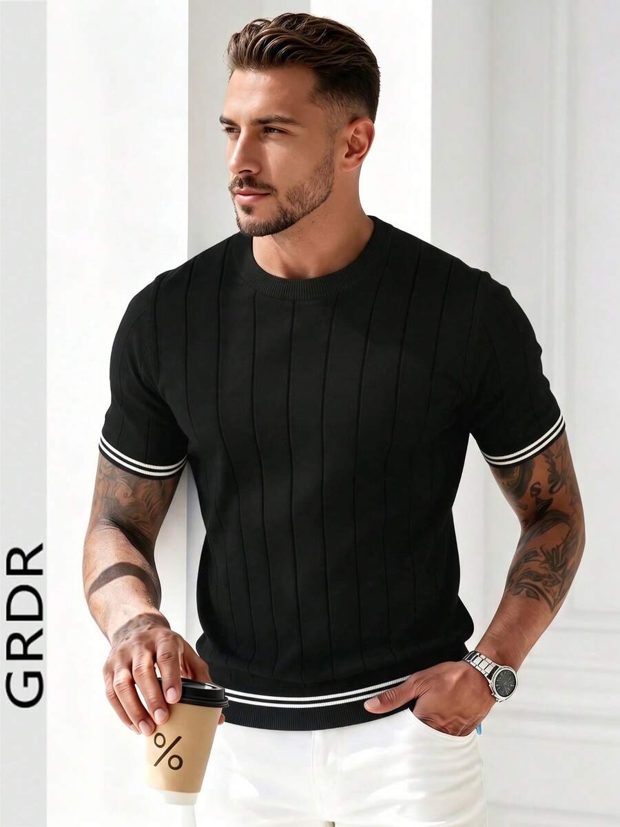 GRDR Men's Summer Ribbed Crew Neck Lightweight Knit Short Sleeve Sweater