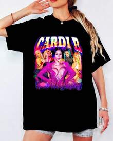 Black T-Shirt With C-Cardi BB Print, Multicolored Bardi Gang Portrait Montage, Short Sleeves, Round Neck, Unisex Retro Hip Hop Style - Black - View 1