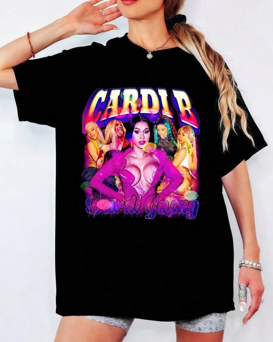 Black T-Shirt With C-Cardi BB Print, Multicolored Bardi Gang Portrait Montage, Short Sleeves, Round Neck, Unisex Retro Hip Hop Style - Black - View 1