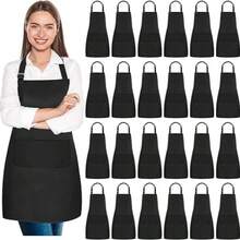 12 Pack Bib Apron,Unisex Black Commercial Apron With 2 Pockets,Unisex Black Plain Aprons With Long Ties,Kitchen Cooking Aprons For Women Men Chef,Painting BBQ Grilling Baking Restaurant,Machine Washable - 黑色 - 查看 12