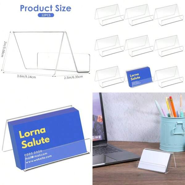 12 Pack Business Card Holder For Desk, Office Acrylic Business Card Table Top Display Holders, Clear Name Holder Stand