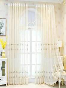 1 Panel European Style Embroidered Sheer Curtain, Silver White Grommet Top, Lace Wavy Hem, Mesh Fabric Mosquito Protection, Suitable For Summer Curtains, Living Room Curtains, Bedroom Curtains, Room Curtains, Multi-Room Decor Curtains - Beige - View 7