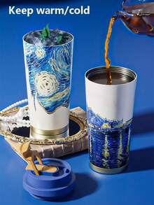 1 pieza Taza aislada premium para bebidas frías, material de acero inoxidable 316, con pajita y tapa 2 en 1, taza de agua/café con pajita para portavasos de coche, aislamiento de calor y frío, a prueba de fugas, se ajusta al portavasos del coche, material de acero inoxidable, taza de agua portátil, estilo de pintura al óleo, adecuada para deportes, viajes y uso escolar, regalo del Día de San Valentín, regalo para mujeres - Multicolor - Ver 5