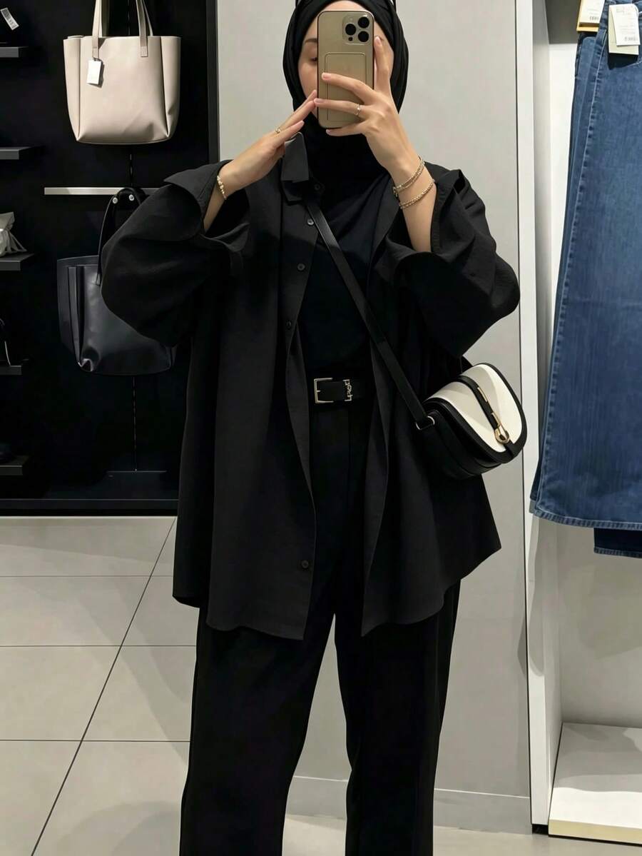 女款極簡休閒純色鈕扣長袖襯衫領優雅上衣,適合春秋冬季,黑色 - 黑色 - 查看 1