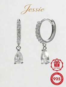 1 Pair Elegant Fashionable Minimalist Delicate 925 Silver Zirconia Water Drop Double Circle Earrings, Suitable For Women's Daily, Date, Party, Wedding - Silver - View 1