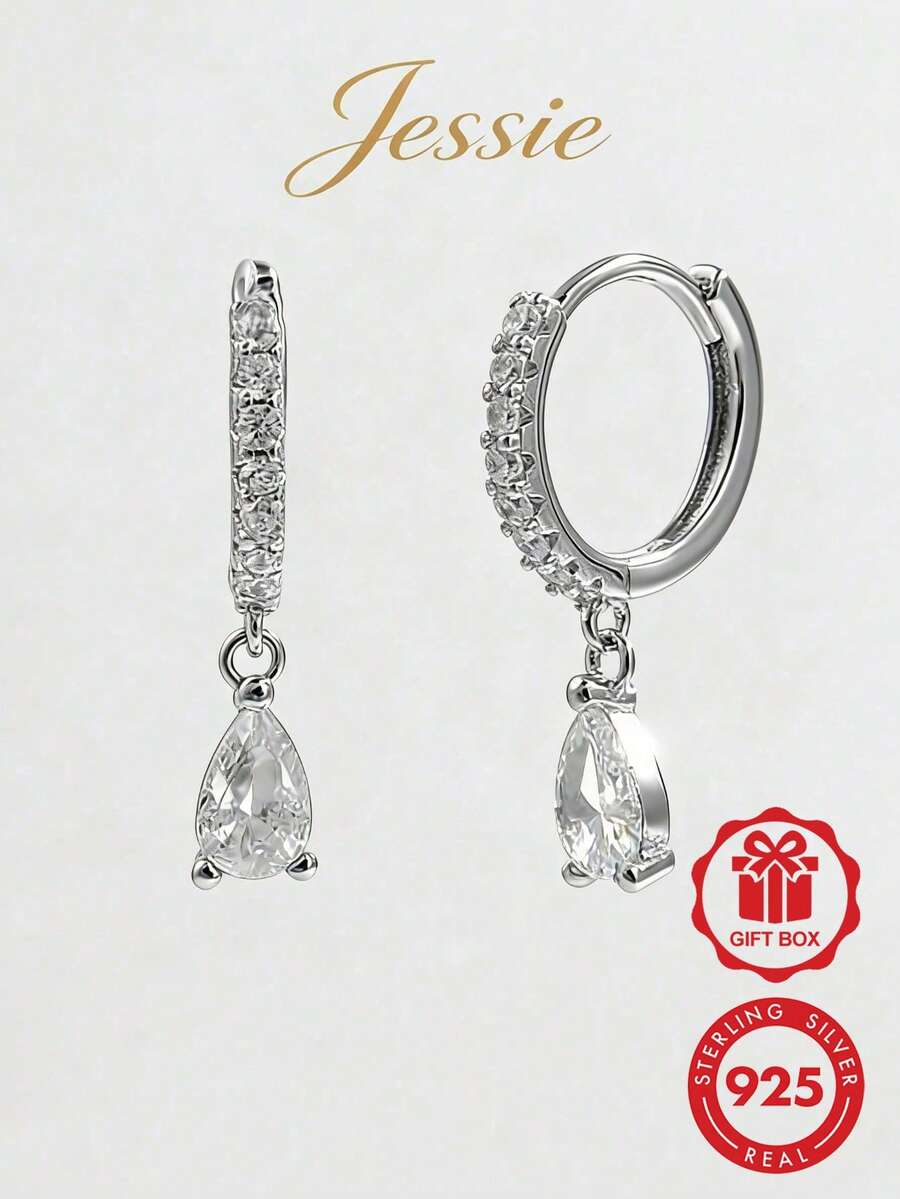 1 Pair Elegant Fashionable Minimalist Delicate 925 Silver Zirconia Water Drop Double Circle Earrings, Suitable For Women's Daily, Date, Party, Wedding - Silver - View 1