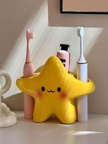 1PcCute Star Toothbrush Holder, Cute Expression Design-Independent Space-Saving Plastic Bathroom Storage Box, Durable Star Toothbrush Toothpaste Storage Device, Open Design Room Bathroom Storage Couple Multi-Functional Shelf. - Yellow - View 3