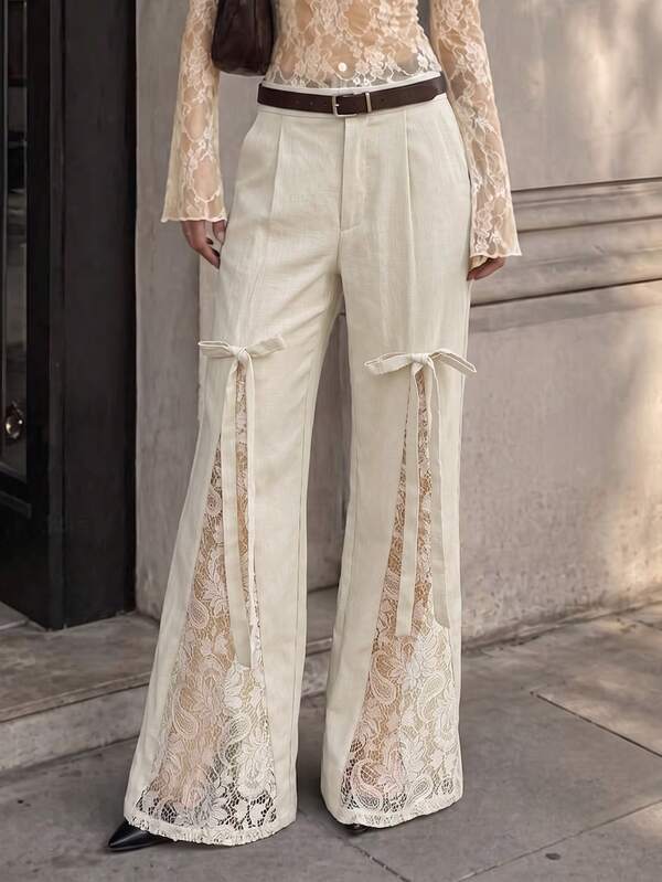 Apricot Pleated Flare Pants With Lace Panel & Front Bow Detail, High Waist Casual Trousers