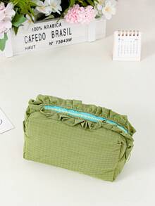Cute Ruffle Trim Cosmetic Bag Plain Makeup Bag Portable Toiletry Bag Travel Makeup Clutch Pouch Grid Pattern Make Up Bag Zipper Handbag Brushes Holder - Multicolor - View 17