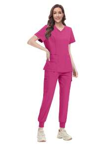 Conjunto de uniforme de médica/enfermera para mujer, bata quirúrgica de sala de operaciones de hospital, ropa de trabajo para spa de belleza - Rosa Fucsia - Ver 3