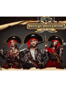 2pcs Halloween Pirate Hat + Pirate Eye Patch - Skull Print Pirate Captain Costume Hat, Pirate Accessories, Party Hat, Costume Party, Role Play Funny Captain Hat Valentine's Day Gift - A - View 7