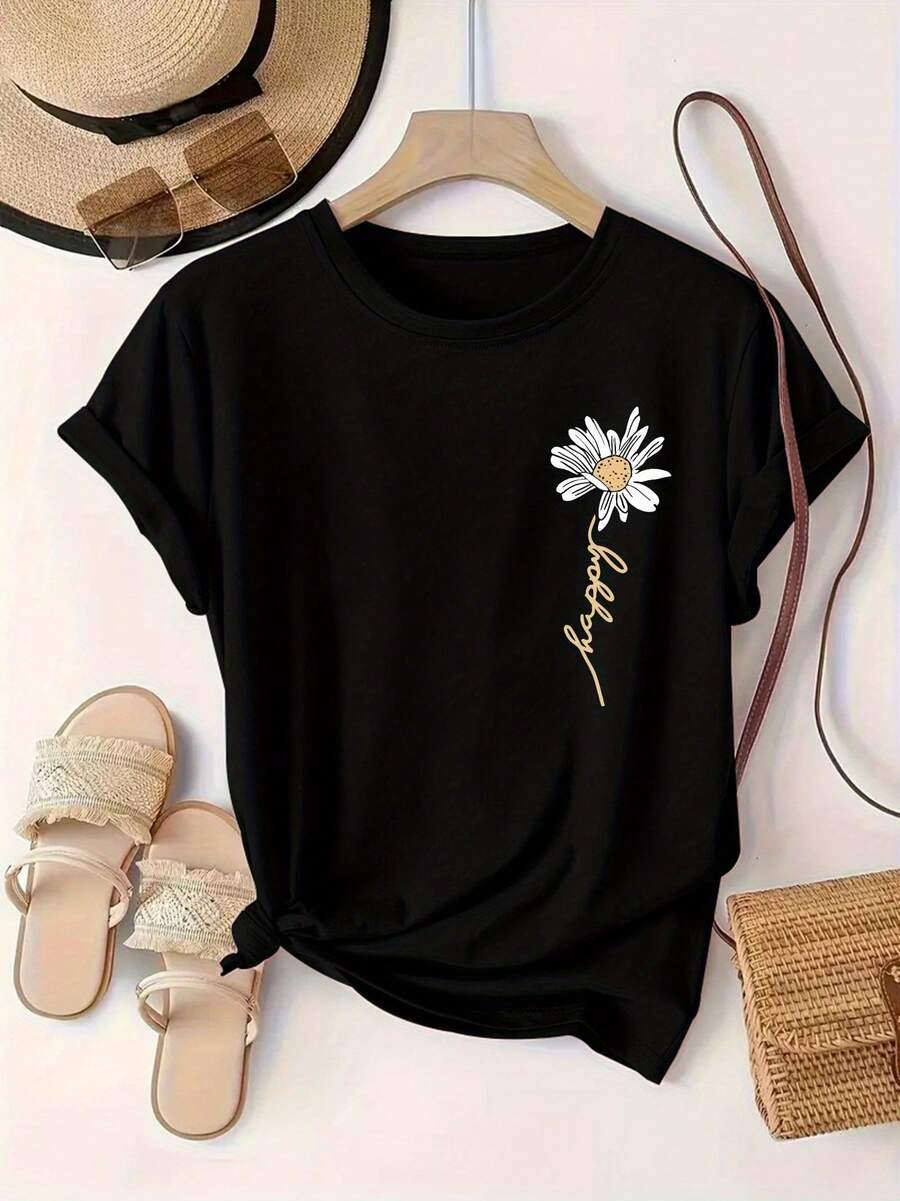 Women's Floral Casual T-Shirt - "Joy" With White Daisy Design And Gold Lettering, Short Sleeves, Round Neck, All-Season Top, Casual Wear | Floral T-Shirt | A - 黑色 - 查看 1