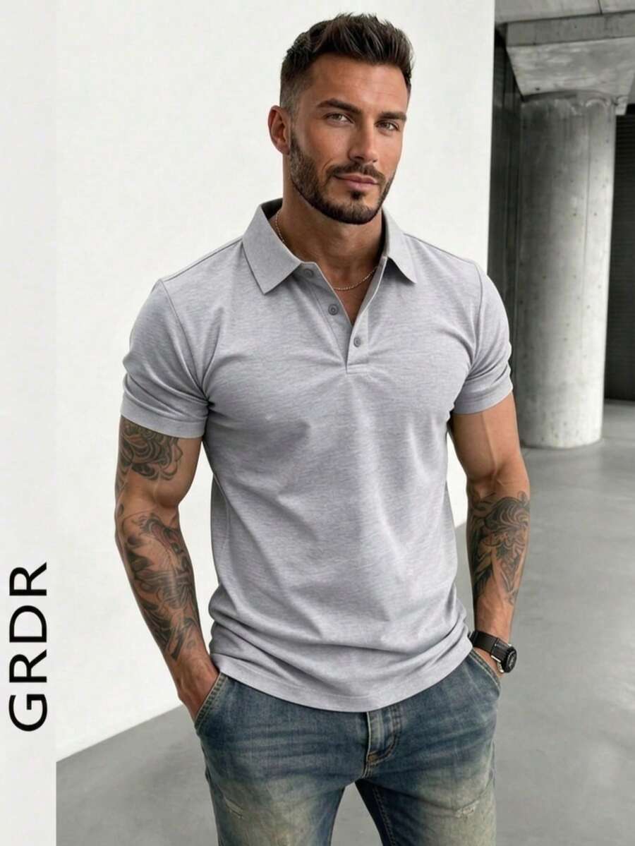 GRDR 男士时尚短袖休闲通勤 Polo 衫 - 淺灰色 - 查看 1